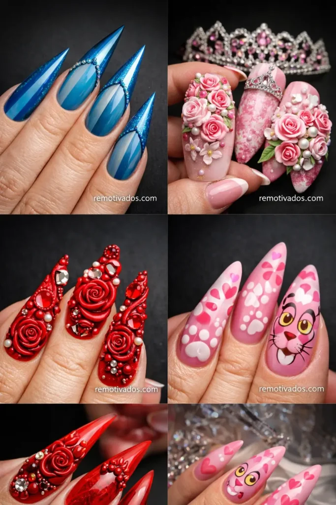 Uñas 3D con rosas realistas y volumen artístico para quinceañera y eventos especiales